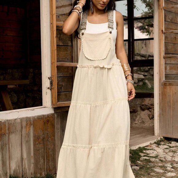 Dresses & Skirts - Apricot Casual Women's Floral Lace Adjustable Strap Jumper Dress